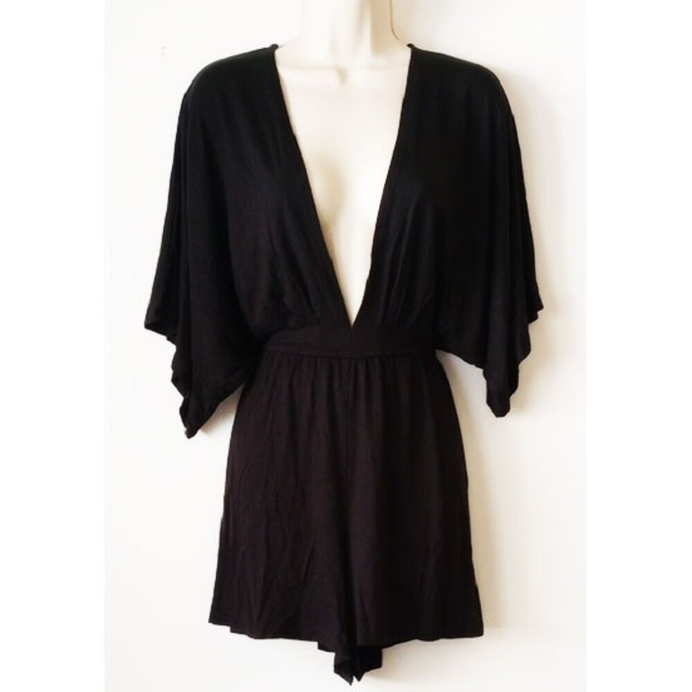 Topshop Plunge V-Neck Kimono Sleeve Jersey Romper 8 Black 14P01JBLK - Picture 2 of 11